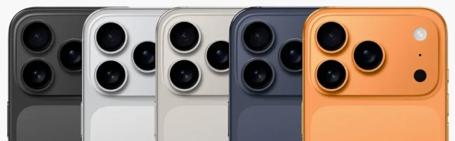 iPhone 17 Pro Max in multiple colors - graphite, silver, gold, deep blue, and sunset orange